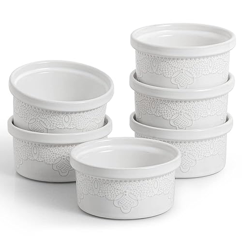 FUN ELEMENTS FE Ceramic Ramekins, Souffle Dishes, Lace Embossed Creme Brulee Dishes, 240 ml for Soufflé, Cupcakes and Pudding, Set of 6, White