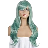 Luhuanx Wigs for Women Girls Long Wavy Heat Resistant Fiber Wigs Side Bangs Cosplay Party, Women's Wigs with Bangs Long Fluffy Curly Wavy (Green)