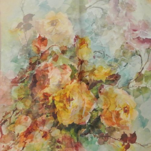 Wrapables 100% Mulberry Silk Floral Painting Square Scarf, Yellow Roses on Pink