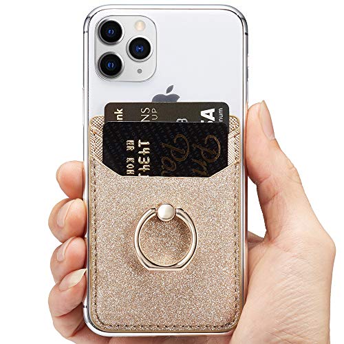 Card Holder for Back of Phone, Acrsikr RFID Blocking Glitter Cell Phone Credit Wallet with Ring Pocket Stick on iPhone