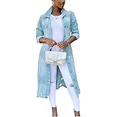 chouyatou Women's Distressed Hole Over Knee Midi Long Denim Jacket Trench Coat