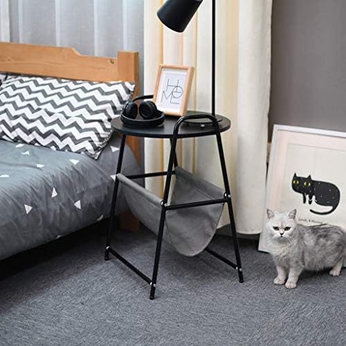 Round Wood Side Table with Steel Frame Handle, Fabric Storage Basket End/Coffee/Nightstand Table for Books, Toys, Pet Bed, Modern Collection, Small Condo/Apartment in Bedroom Livingroom Black