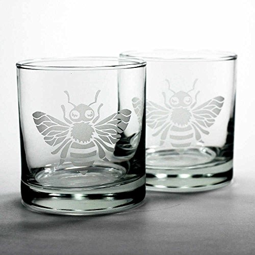HONEY BEE Lowball Glasses set of 2 - Dishwasher-safe etched whiskey glass