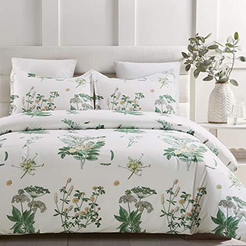 YEPINS Lightweight Microfiber Duvet Cover Set with Zipper Closure, Print Floral Pattern Reversible Design, White and Green- King Size