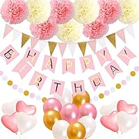 acetek Birthday Decorations Party Supplies,Happy Birthday Banner,15 Triangle Bunting Flags,9 Pom Poms Flowers,17 Birthday Balloons,1 Pink and Gold Dot Garland for Kids Girl 1st Birthday Sign Party