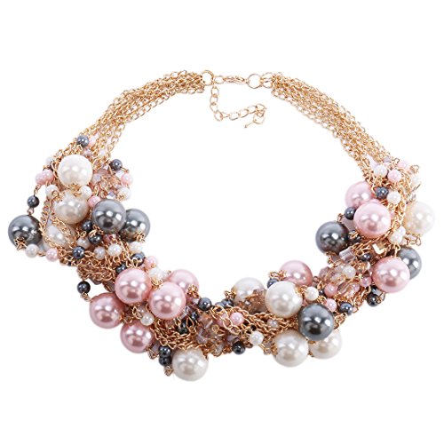 Kalse White Pink Gray Simulated Pearl Gold Tone Pendant Bib Charm Chunky Choker Necklace 16.3"-18.3" (Pink)