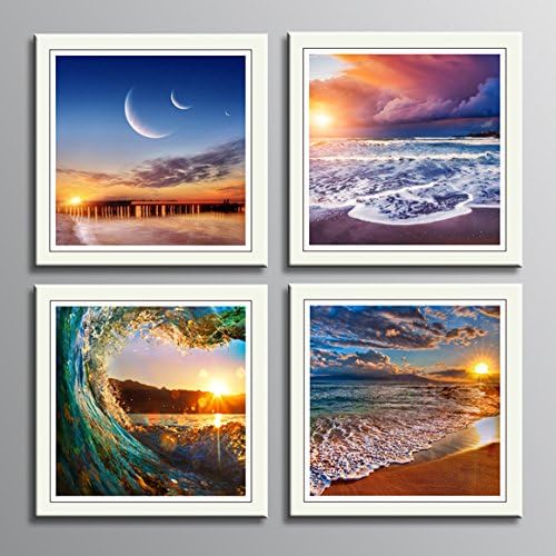 HLJ Arts 4 Panels Ocean Theme Giclee Summer Beach Sea Waves Sunset Sunrise Photograph Printed Paintings on Canvas for Wall Decor 12x12inches 4pcs/set (Blue) (Multi)