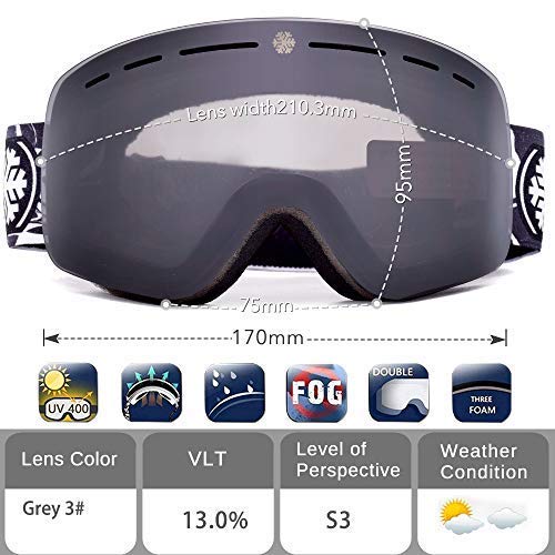 Snowledge Ski Goggles Men with Frameless Interchangeable Lens, Skiing Snowboard Goggles Black with OTG,Anti-Fog, 100% UV, Helmet Compatibility for Unisex Women Men (3#Gre Lens)