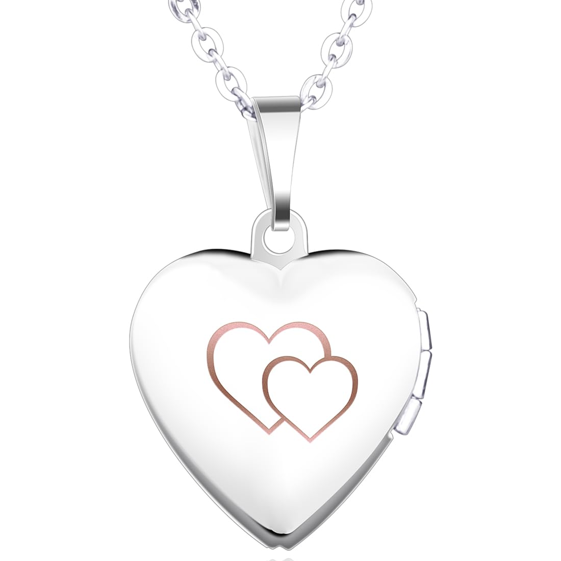 Infinite U Double Hearts Women Blue Open Heart Photo Locket Stainless Steel Pendant Necklace for Wedding (Enable to Engrave Your Own Words)