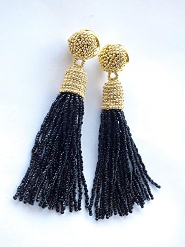 Black Gold Beaded Tassel Earrings Statement Seed Beads Fringe