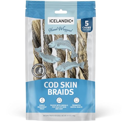 Icelandic+ Cod Skin Braids - 5 Pack - Dog Treat Chews, 5.5-7" Sticks, Single In…