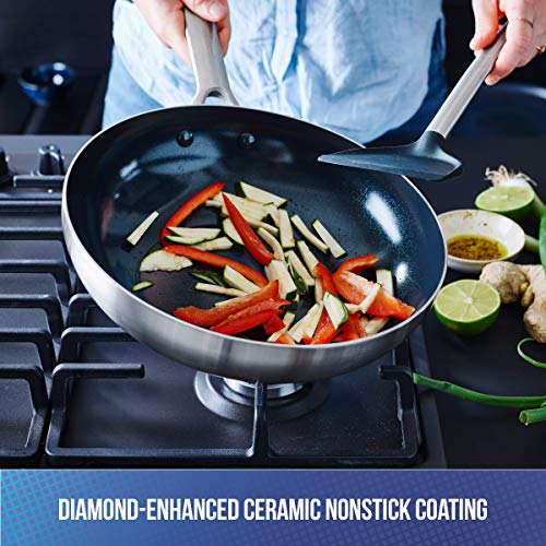 Blue Diamond Stainless Steel 11" Wok Pan with Glass Lid, Induction