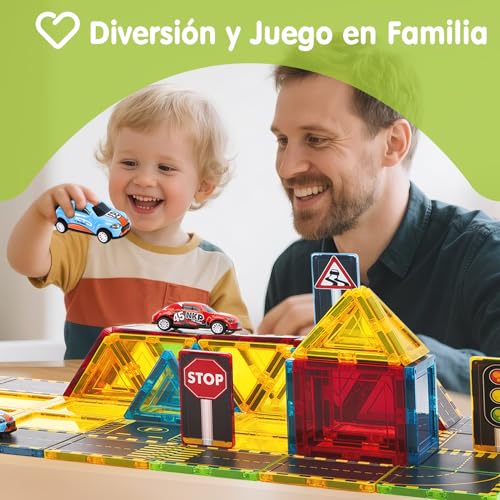 hahaland Magnetic Building Blocks for Kids, 38 Pieces Magnetic Tiles with City Roads and 2 Pull Back Cars, Compatible Magnetic Parts for Kids 3 4 5 6 Years Old