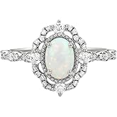 Ayafee 925 Sterling Silver Genuine Opal Engagement Rings Center 1.5 Carat Oval Shaped Vintage Opal Birthstone Rings with Moissanite for Wedding Anniversary - Size 7
