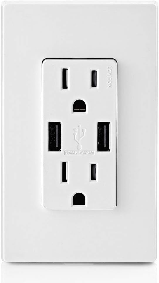 Leviton T5632-W 15-Amp Charger/Tamper Resistant Duplex Receptacle, 1-Pack, White - - 