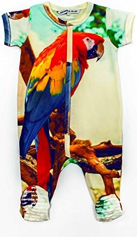 Inchworm Alley - Macaw, Parrot - Unisex Baby Onesie Footie Sleepsuit Layette, 100% Organic Cotton (12-18 months)