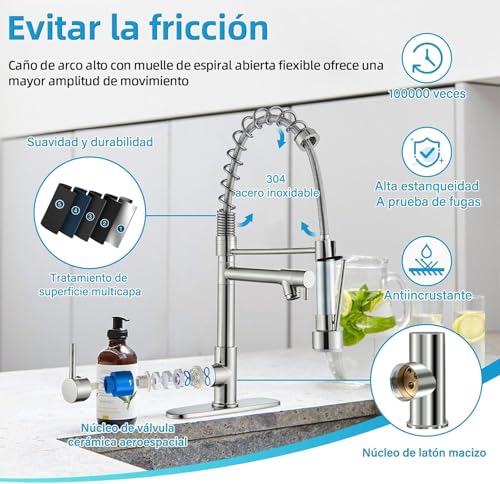 Grifo Mezclador para Fregadero de Cocina, Acero Inoxidable, Monomando con Rociador Retráctil 360°, Estilo Moderno, Negro Mate, 2 Salidas con Mangueras Incluidas