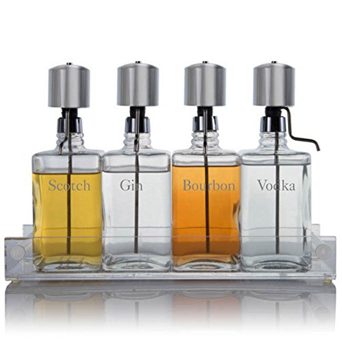 Liquor Decanter Bar Set with Chrome Pump Dispensers and Acrylic Tray, Contemporary Font