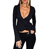 Women Lace Trim Ballet Wrap Tops Going Out Slim Fitted V Neck Workout Yoga Pilates Top Tie Up Long Sleeve Shirts