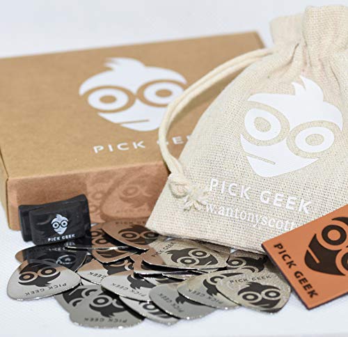 Pick Geek Steel Guitar Picks - 24 Premium Quality Steel Guitar Picks (Plectrums) for your Electric, Acoustic, or Bass Guitar - Gifted in a Unique Pick Bag - Includes FREE Pick Geek Wedgie Pick Holder