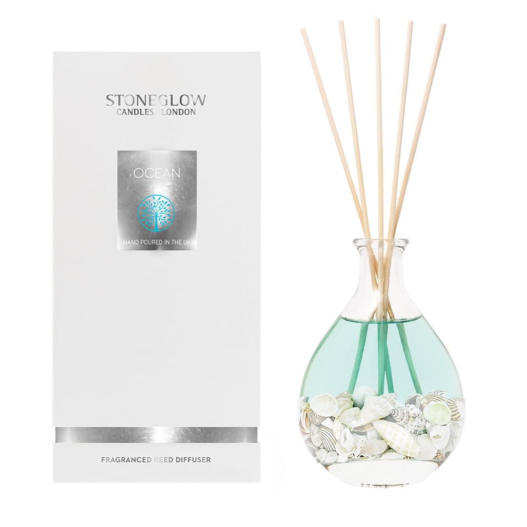 Stoneglow Nature's Gift Ocean Scented Reed Diffuser 180ml, Lasts 14 Weeks, 12 Rattan Reed Diffuser Sticks, Refillable & Reusable, Premium Air Freshener for Home, Lavender, Oakmoss & Cedarwood Notes