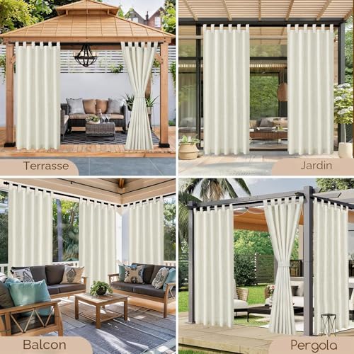 Linen Outdoor Curtain, Set of 2 Waterproof Outdoor Curtains, Outdoor Pergola Curtain with Eyelets at the Top, Blackout Outdoor Curtain for Patio, Balcony, Gazebo, Door (132 x 215 cm, Beige)