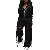Inroserm Womens 2 Piece Outfits Casual Long Sleeve Zipper Hoodie Sweatsuits Wide Leg Ripped Lounge Pants Sets