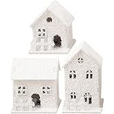 TOYANDONA Christmas Village Houses White, 3Pcs LED Lighted Christmas Village Houses Wooden Xmas Snow s for Tabletop Mantle Decor Collectible Buildings