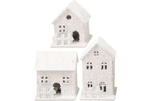 TOYANDONA Christmas Village Houses White, 3Pcs LED Lighted Christmas Village Houses Wooden Xmas Snow s for Tabletop Mantle Decor Collectible Buildings