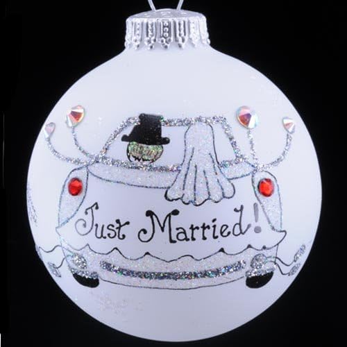 Just Married Wedding Car Christmas Glass Ornament Made in USA Bride Groom Gift
