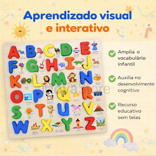 Tabuleiro Alfabeto em Madeira Montessoriano Educativo Brinquedo Pedagógico para Crianças 26 Letras Coloridas com Palavras e Figuras Ilustrativas Bilíngue Português e Inglês