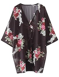 Kimonos sueltos con estampado floral para mujer, media manga, chal de gasa, blusas informales, para la playa