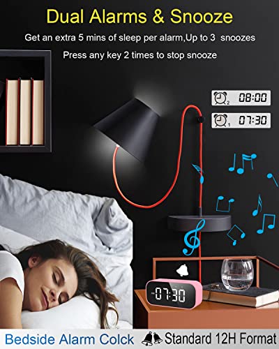 AFK Alarm Clock for Bedroom/Office,Small Digital Clock with Bluetooth Speaker,Desk Clock with Dual Alarms,Snooze,Mirror LED Display,Hands-Free Calling for Girls/Adults.(12H Format,Pink)