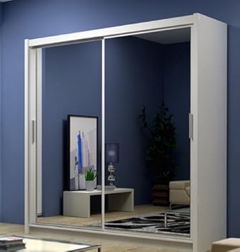White Mirror Sliding Wardrobe Free Standing Shelving And Hanging
