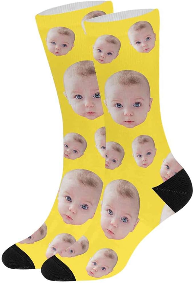 Custom Personalized Photo Socks, Yellow Crew Socks Unisex Christmas Cute Faces Socks