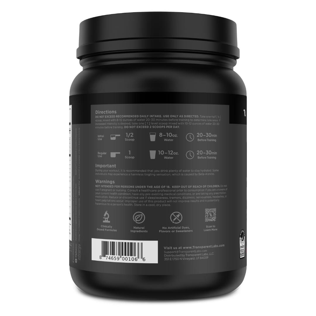 Transparent Labs Bulk Black Pre Workout - Clinically Dosed, Sugar Free Preworkout for Men and Women with Beta Alanine Powder, Citrulline Malate, & Caffeine - 30 Servings, Black Cherry