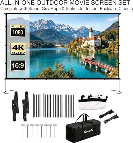 120" Projection Screen with Reinforced Stand - 4K HD 16:9 Anti-Fold Canvas 5 Min Mount for Indoor/Outdoor Parties Home Cinema & Camping - Bag Included