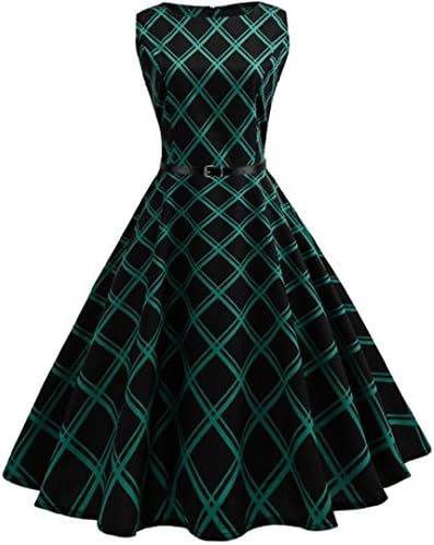 TAORE Dress Women Party Prom Swing Dress Vintage Floral Plaid Bodycon Sleeveless Casual Evening Party Dress 　 (USXS/AsianL, Green)