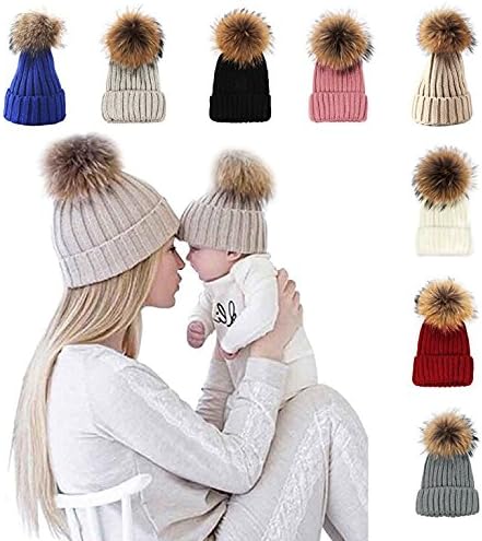 Rock RaRa Parent-Child Hats，Winter Warm Hats Baby Boys Girls Hats Crochet Knit Hairball Beanie Caps (Baby/0-24Months, Blue)