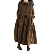 chouyatou Women's Vintage Corduroy Babydoll Dress A-Line Tiered Maxi Long Dress with Pockets
