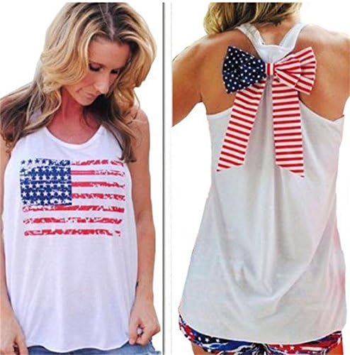 Bnice Women's American Flag Shirt Casual Patriotic Camisole Bow Tank Top
