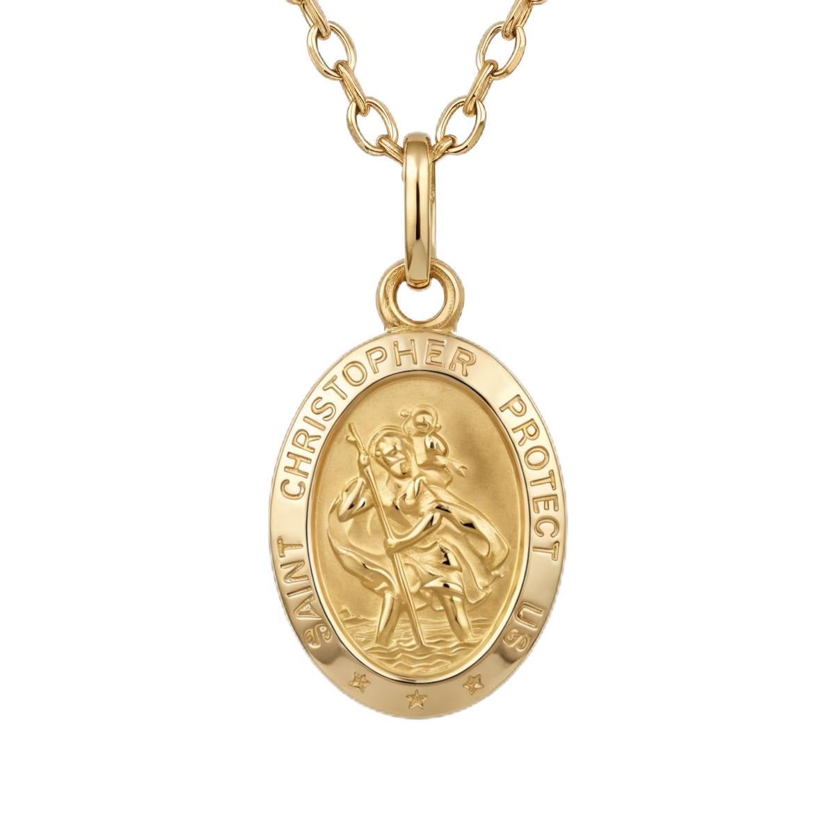 Alexander Castle Children's Solid 9ct Gold St Christopher Pendant Necklace - with 18" 9ct Gold Chain & Jewellery Gift Box - 'SAINT CHRISTOPHER PROTECT US' Engraving