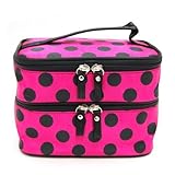 DEDC Double Layer Cosmetic Bag Rose Red with Black Dot Travel Toiletry Cosmetic Makeup Bag Organizer With Mirror