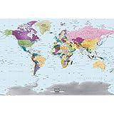 Academia Maps Colorful World Map Mural, Big 53x36 Inch. Self Sticking World Map Wallpaper. Peel and Stick Wall Decal. Easy to Apply, Safe for Walls