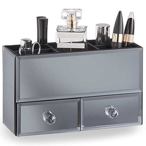 Beautify Gray Mirrored Jewelry Box and Cosmetic Makeup Organizer with 2 Drawers, 5 Sections and Glass Cleaning Cloth