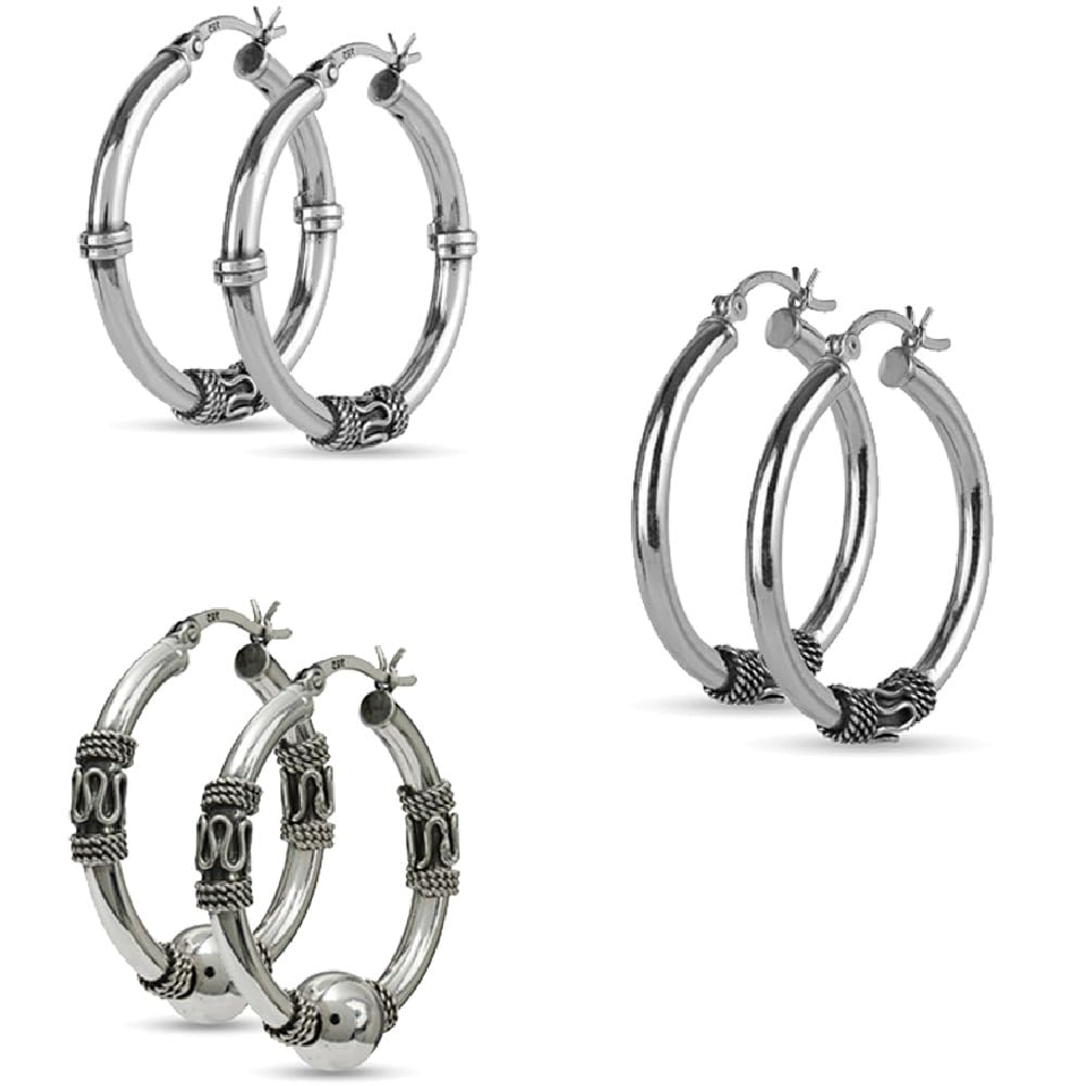 LeCalla 925 Sterling Silver Set of 3 Pair Antique Click Top Bali Hoop Earrings for Women and Teen 30MM
