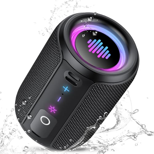 Powerful Bluetooth Speaker 5.4, 15 W Small Portable Bluetooth Speaker, 360° TWS Stereo Sound, Smart LED Lights, 12H Playback, IPX7 Waterproof, for Outdoor/Party/Travel