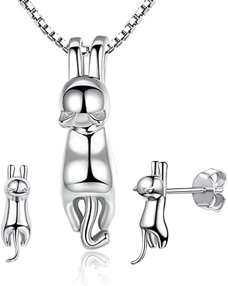 Findout925 sterling silver 3D cute cat Lover pendant necklace + little cute earrings with curb chain 18" .gift for girls child (f1827)