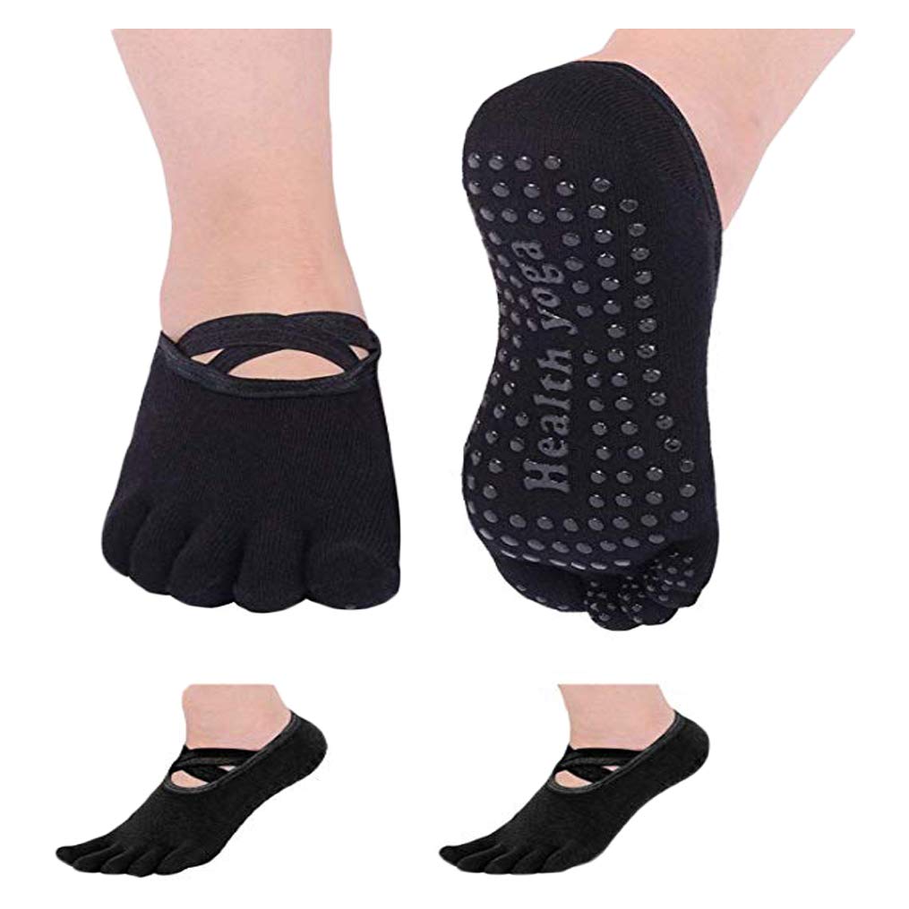 Neoyowo Women\'s Non-Slip Yoga Socks with Full Toe for Pilates Barre Bikram Ballet Studio Hospital Anti-Skid Sox (2 Pair/Black)
