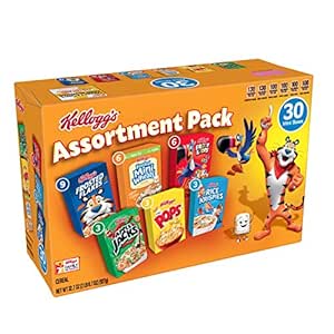 "(Discontinued by Manufacturer)Kellogg's Breakfast Cereal, Assortment Pack, Frosted Flakes, Frosted Mini-Wheats, Froot Loops, Apple Jacks, Corn Pops, and Rice Krispies, 32.7 oz Tray (30 Count)"